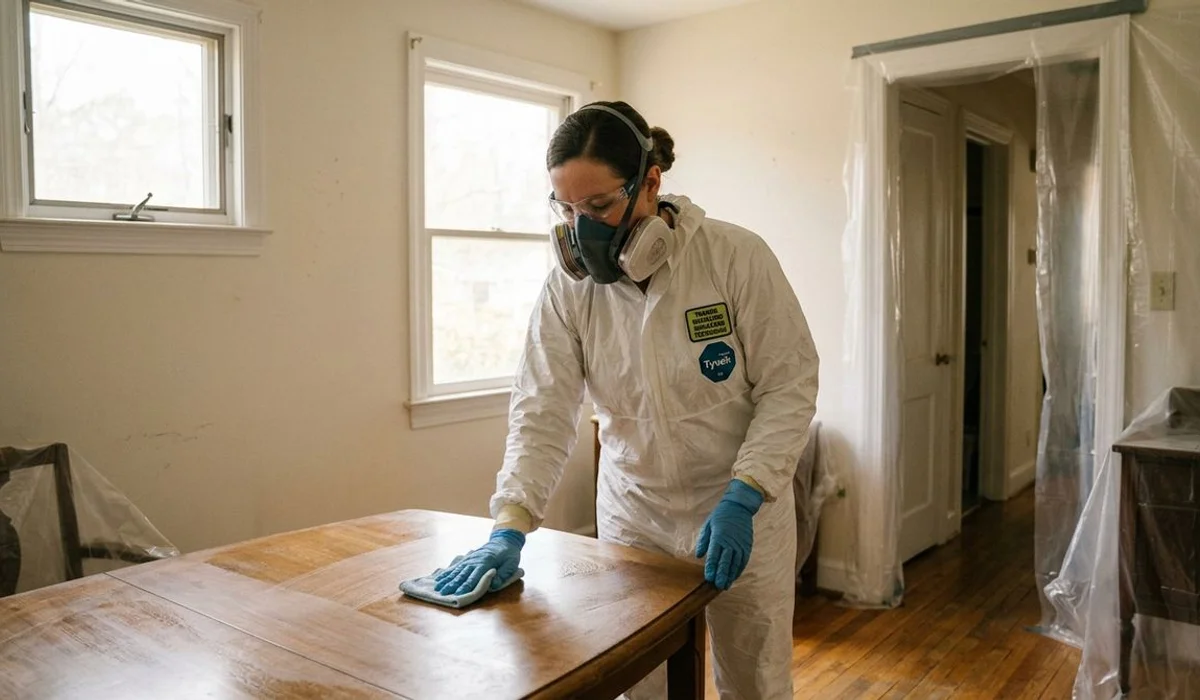 Biohazard-trained technician demonstrating sanitization process