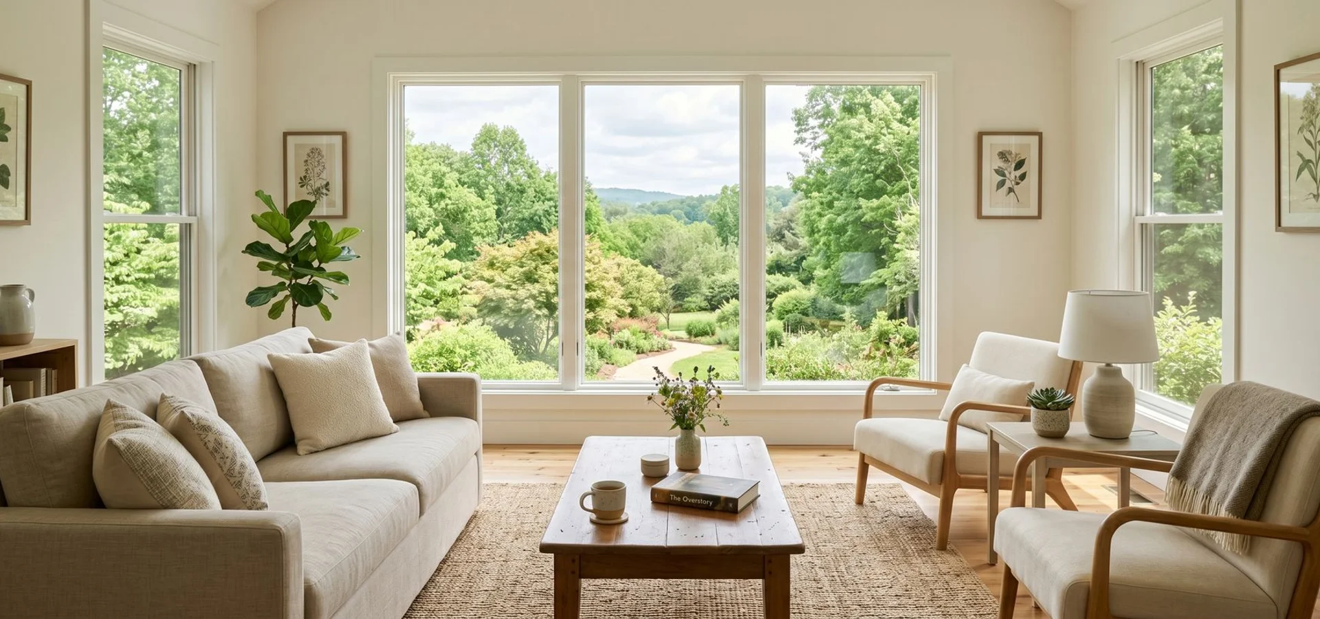 Sunlit, calm Carolinas living room with large windows and a sense of restored order