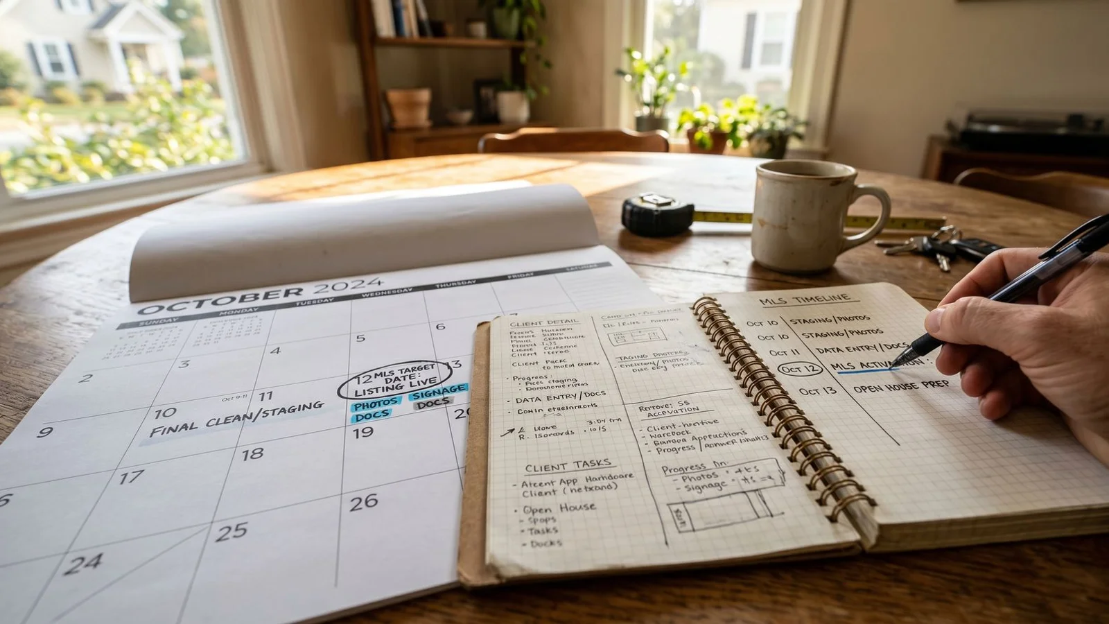 Calendar and contractor's notebook on a sunny Carolinas dining table