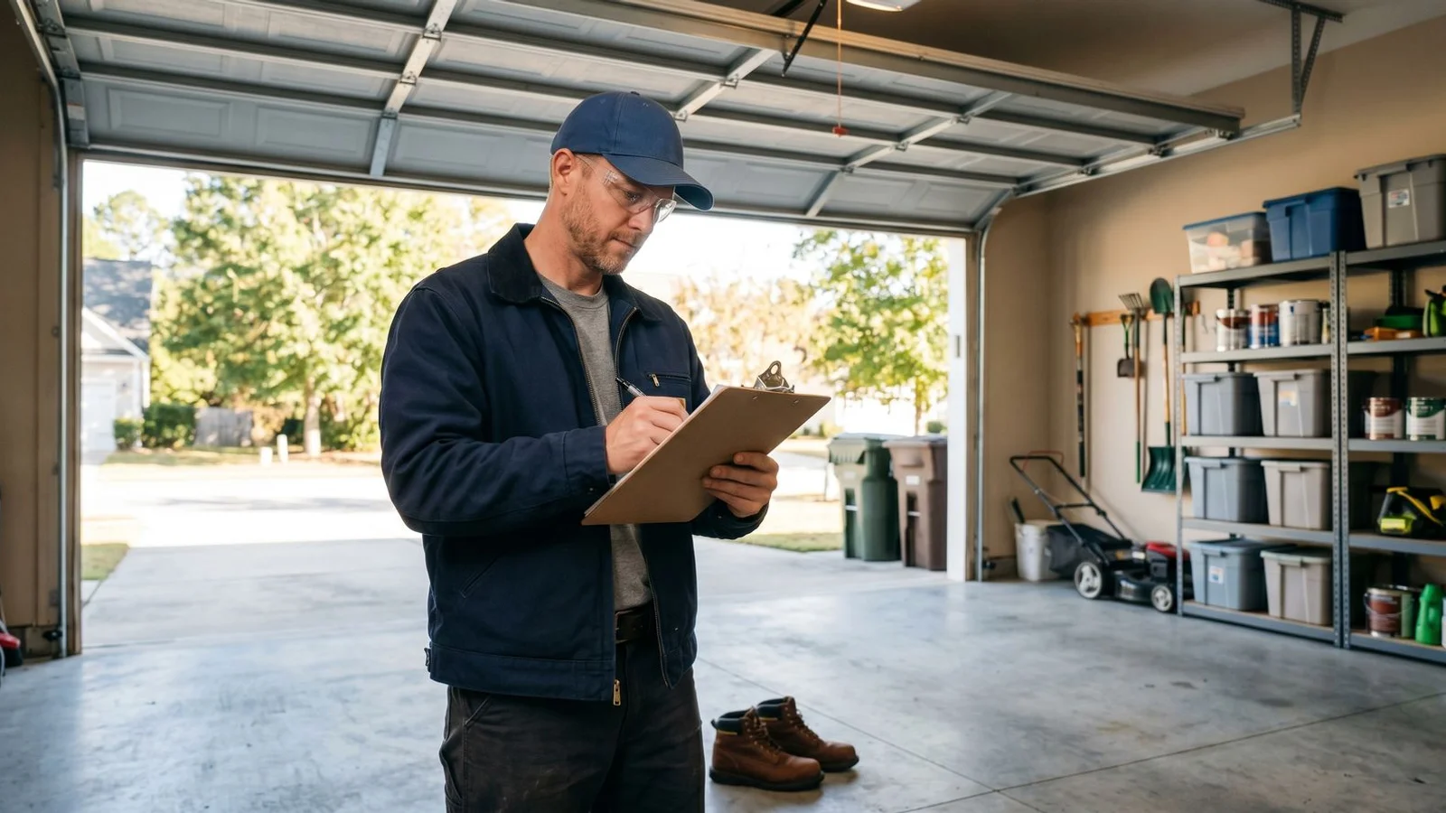 Carolinas garage being assessed by a contractor with a clipboard
