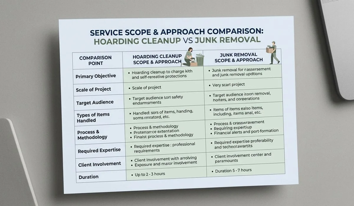 Comparison-style table showing differences between junk removal and hoarding cleanup