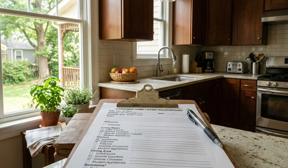 Clipboard checklist on a sunlit kitchen counter during listing walkthrough