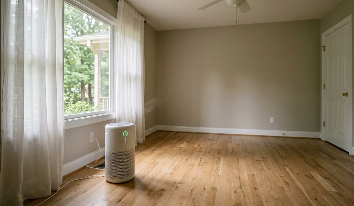 HEPA filter unit running in a sunlit empty Carolinas room