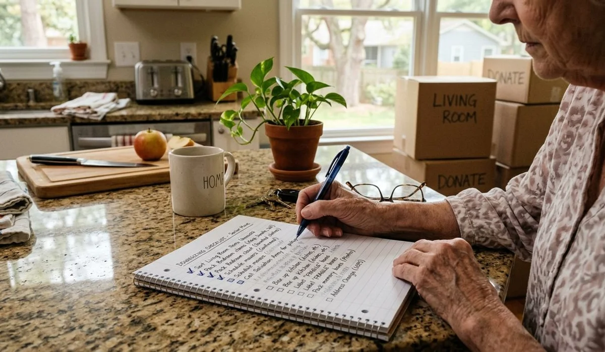 Labeled downsizing checklist on a Carolinas kitchen counter