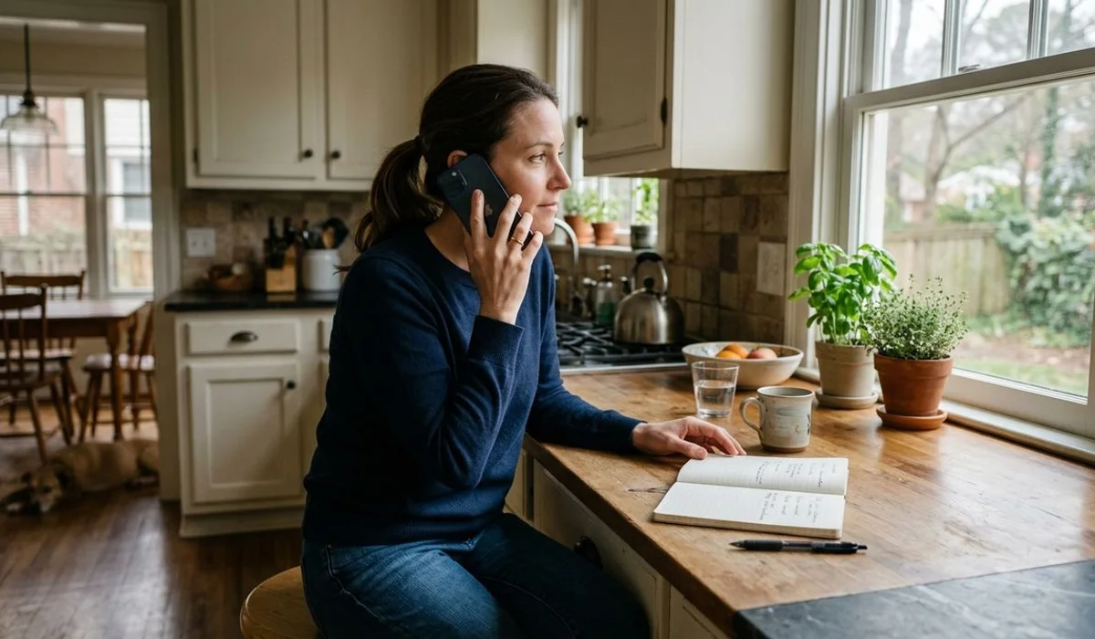 Phone call being placed in a quiet Carolinas kitchen