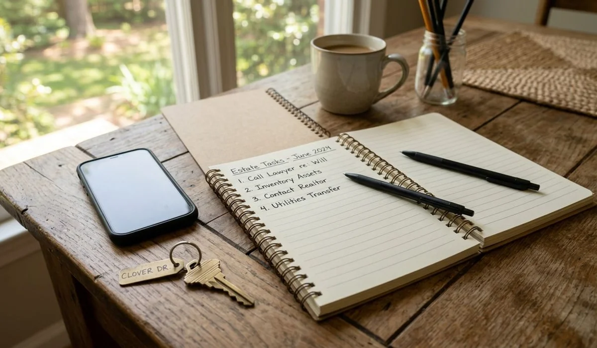 Phone, key, and notebook on a tidy sunlit kitchen table