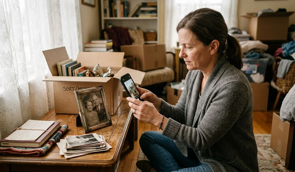 Phone photographing a sentimental item during sorting