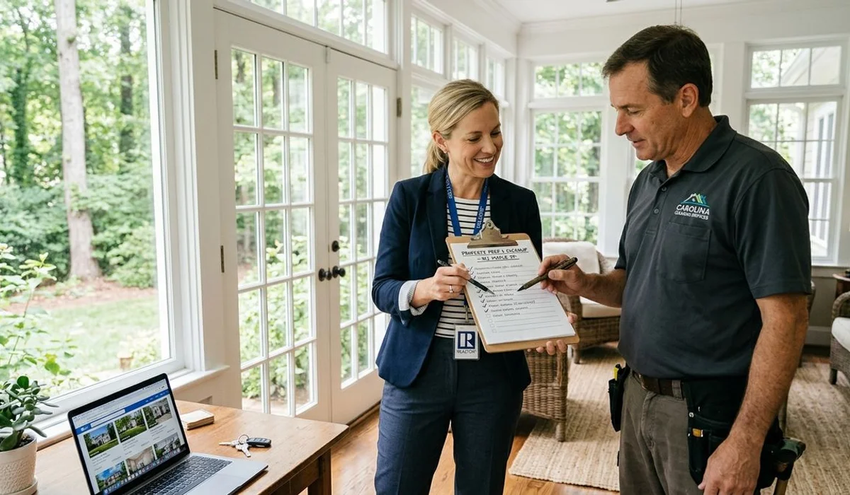 Realtor and contractor reviewing a clipboard inside a sunlit Carolinas room