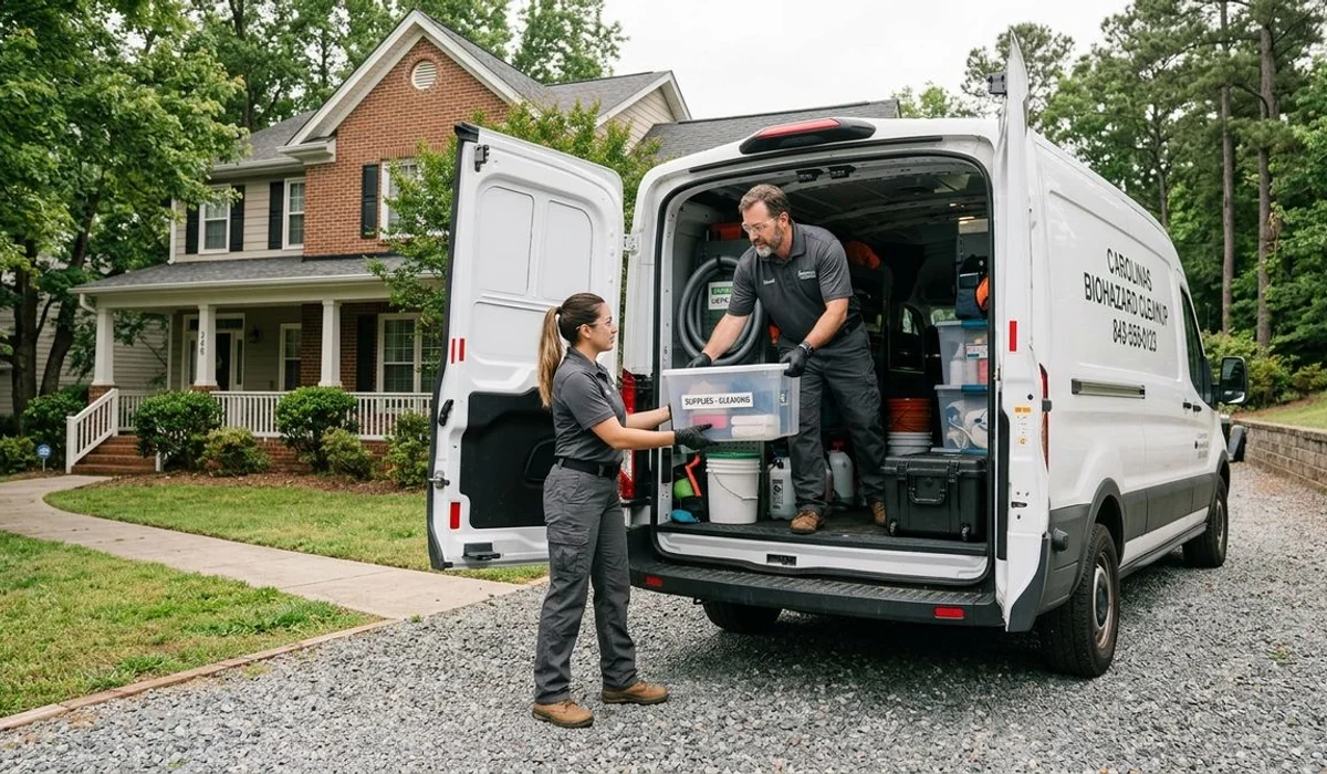 Cleanup crew setting up clean equipment outside a Carolinas home