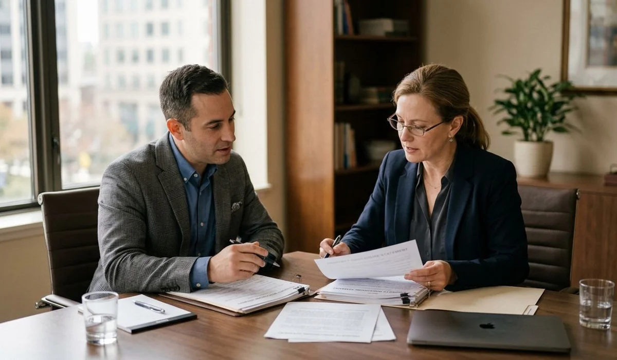 Attorney and realtor reviewing disclosure paperwork