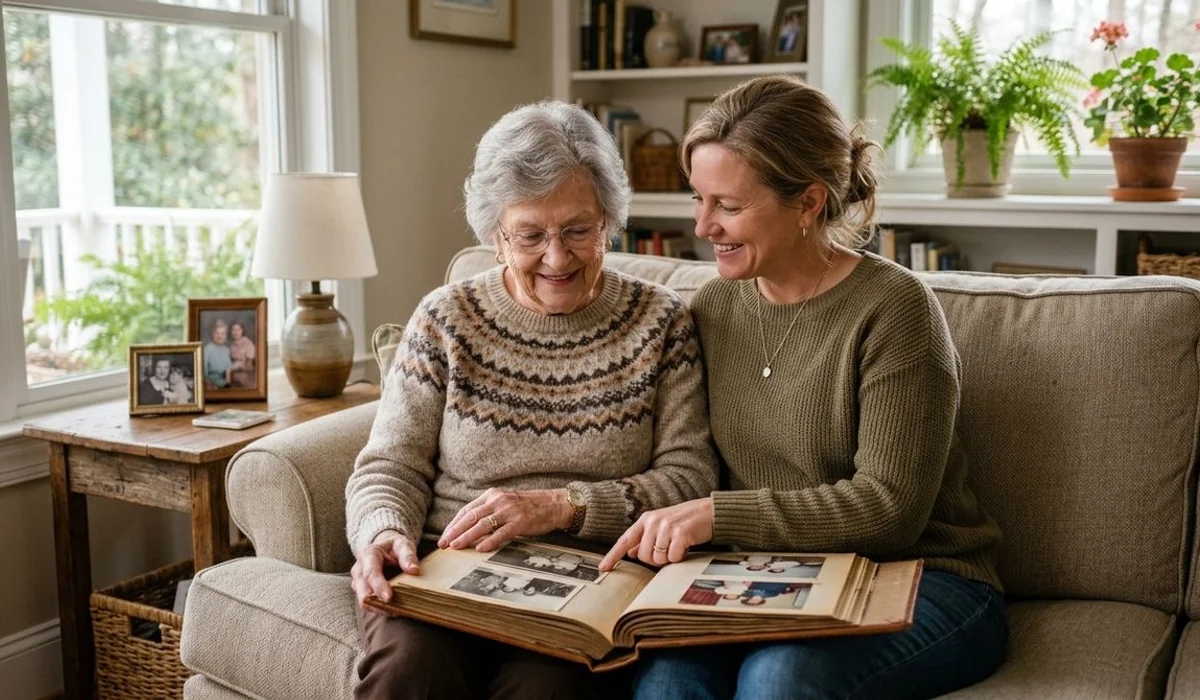Family members reviewing a photo album in a quiet Carolinas living room