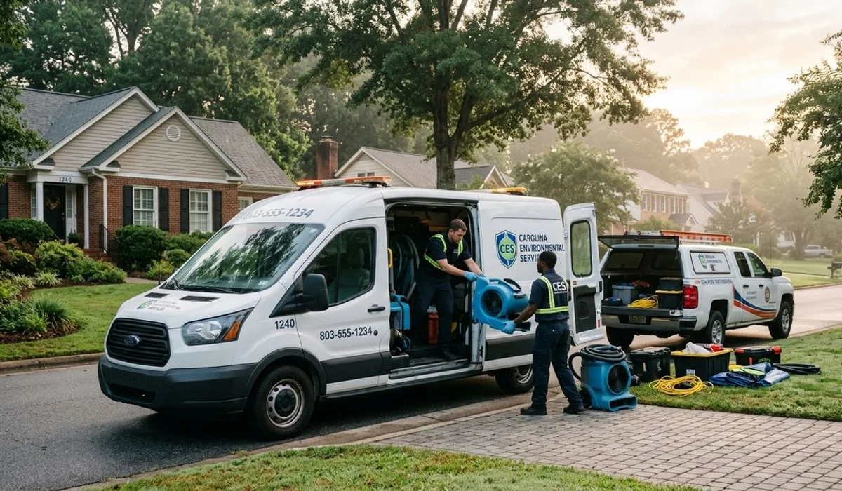 Multiple cleanup crew vehicles arriving at a Carolinas property