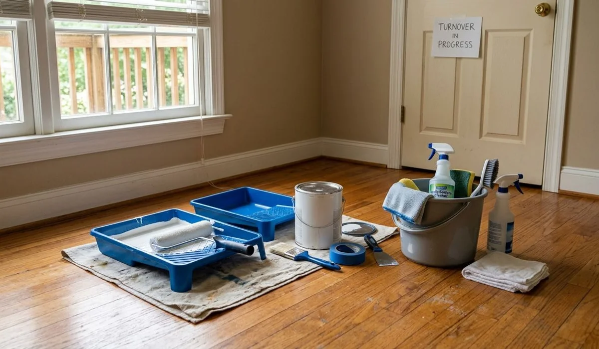 Paint trays and cleaning supplies during a Carolinas turnover