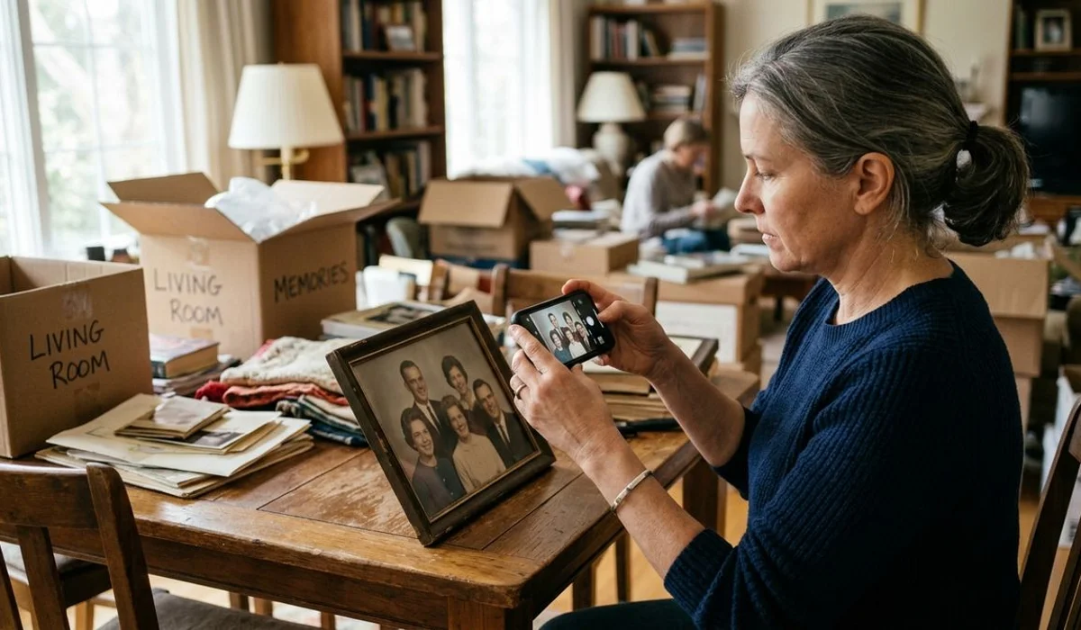Someone photographing items with a phone during an estate sorting walkthrough