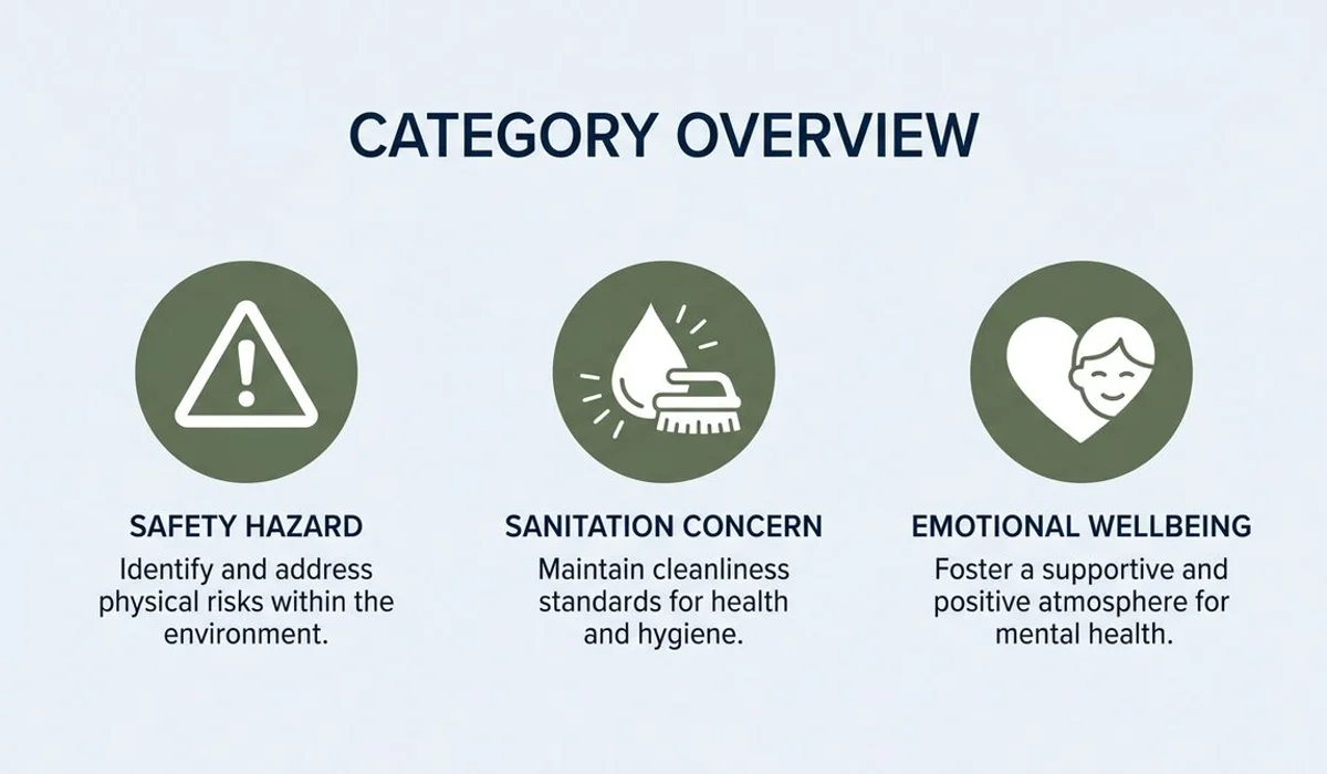 Illustration of safety, sanitation, and emotional warning sign categories