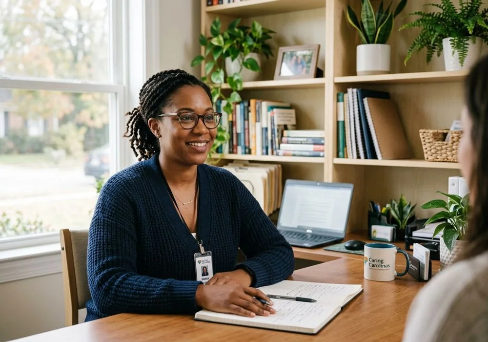 Calm professional intake coordinator at a sunlit Carolinas desk