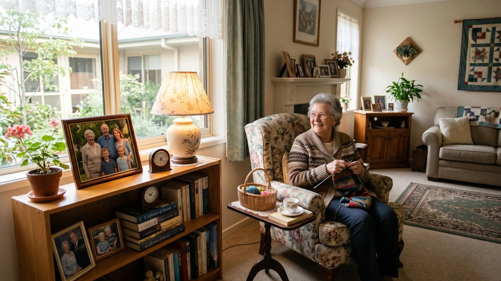 Calm sunlit assisted-living style room with personal items