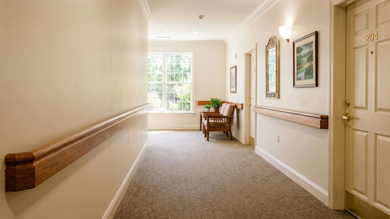 Calm sunlit Carolinas hallway with clear pathway
