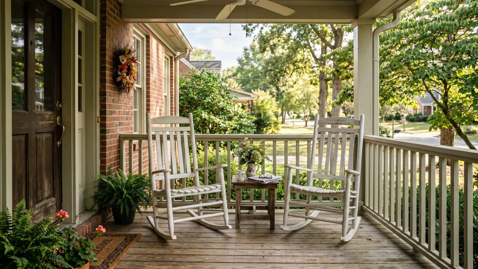 Calm sunlit Carolinas porch with chairs