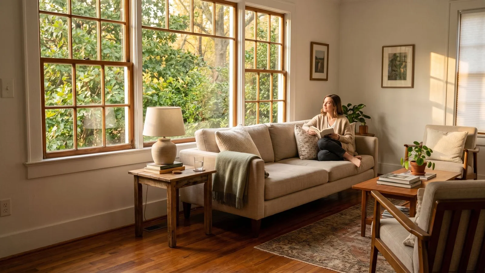 Calm tidy living room in a Carolinas bungalow at golden hour