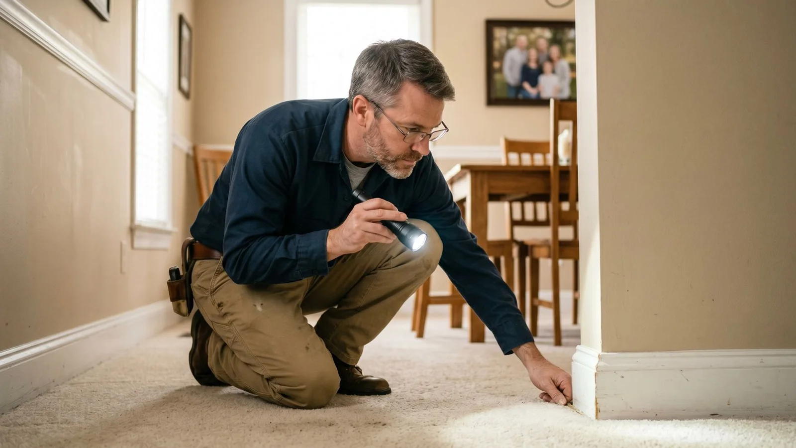 Calm walkthrough with contractor inspecting baseboard