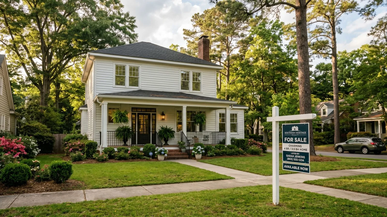 Carolinas home exterior with for-sale sign at golden hour