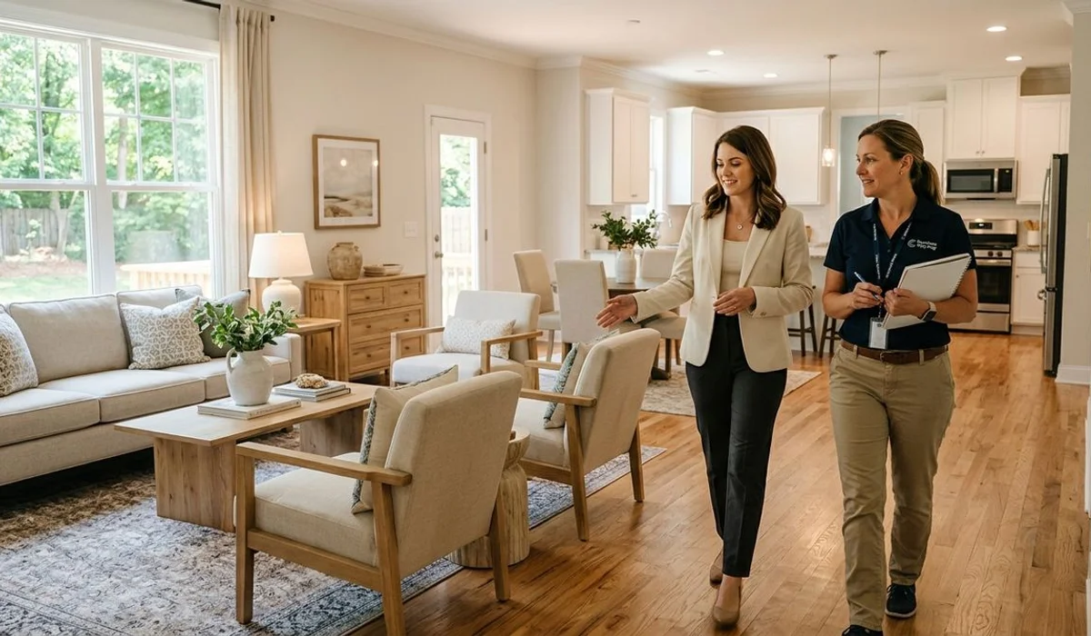 Property preparation supervisor walking through a listing-ready home with realtor