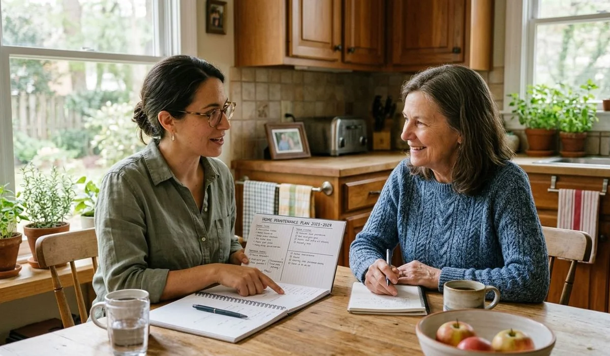 Compassionate professional organizer reviewing a maintenance plan with a Carolinas homeowner