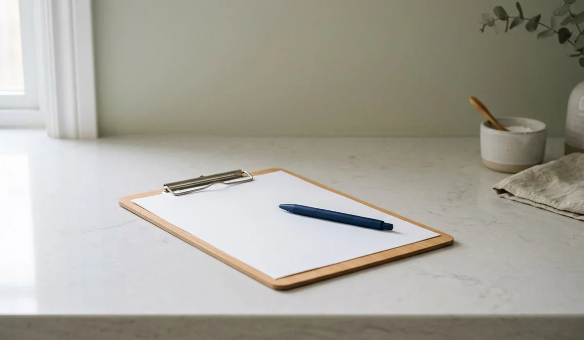 Clipboard and pen on a quiet kitchen counter ready for cleanup walkthrough