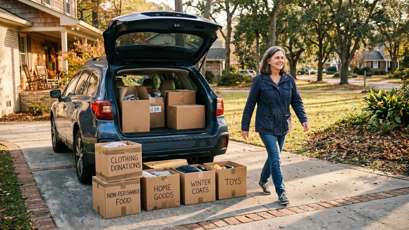 Donation boxes loaded for delivery at a sunlit Carolinas driveway