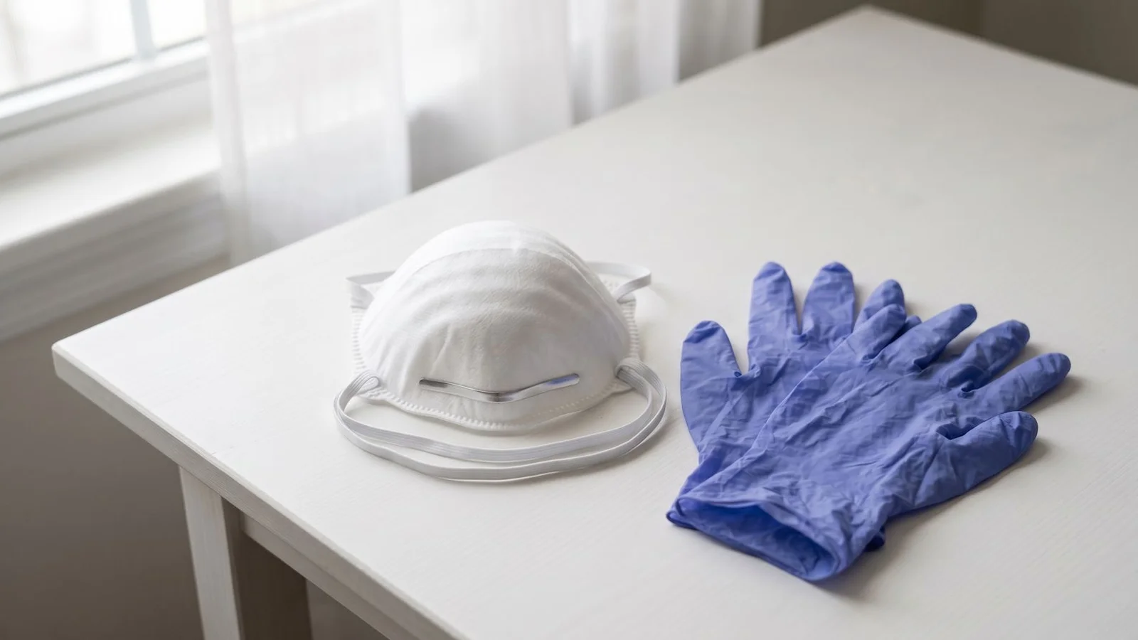 Clean professional respirator and gloves on a tidy table