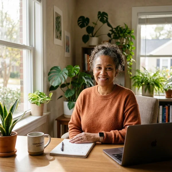 Editorial portrait of a Carolina Hoarding Cleanup intake coordinator at a sunlit desk