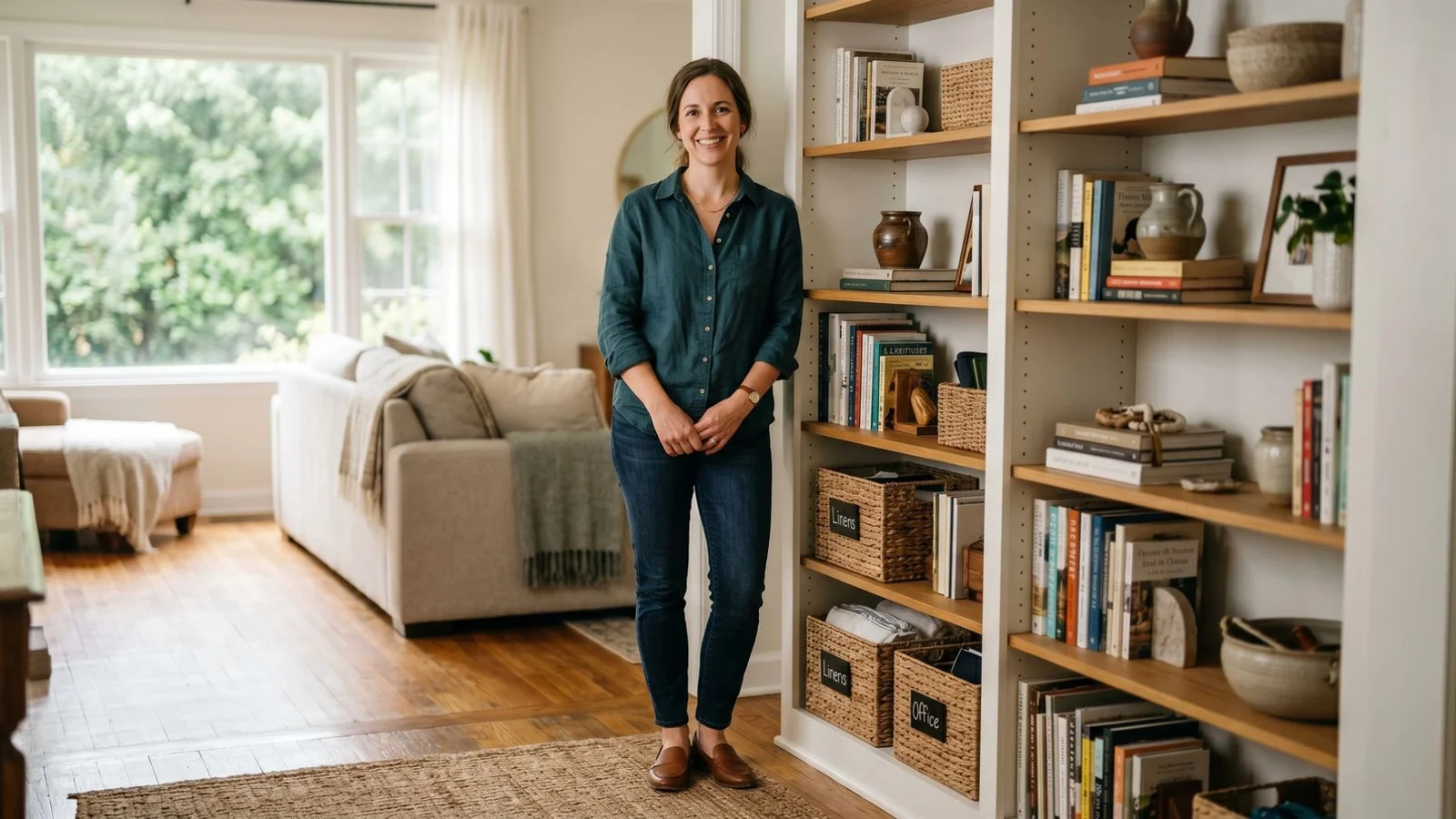 Calm professional organizer in a sunlit Carolinas home