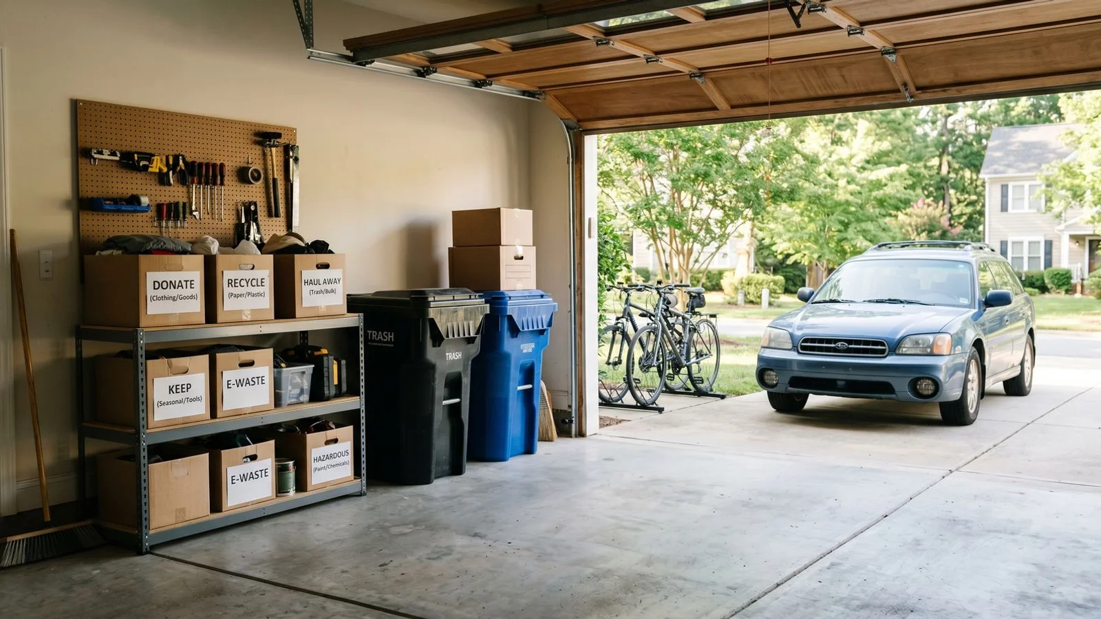 Tidy garage and organized sorting boxes side by side