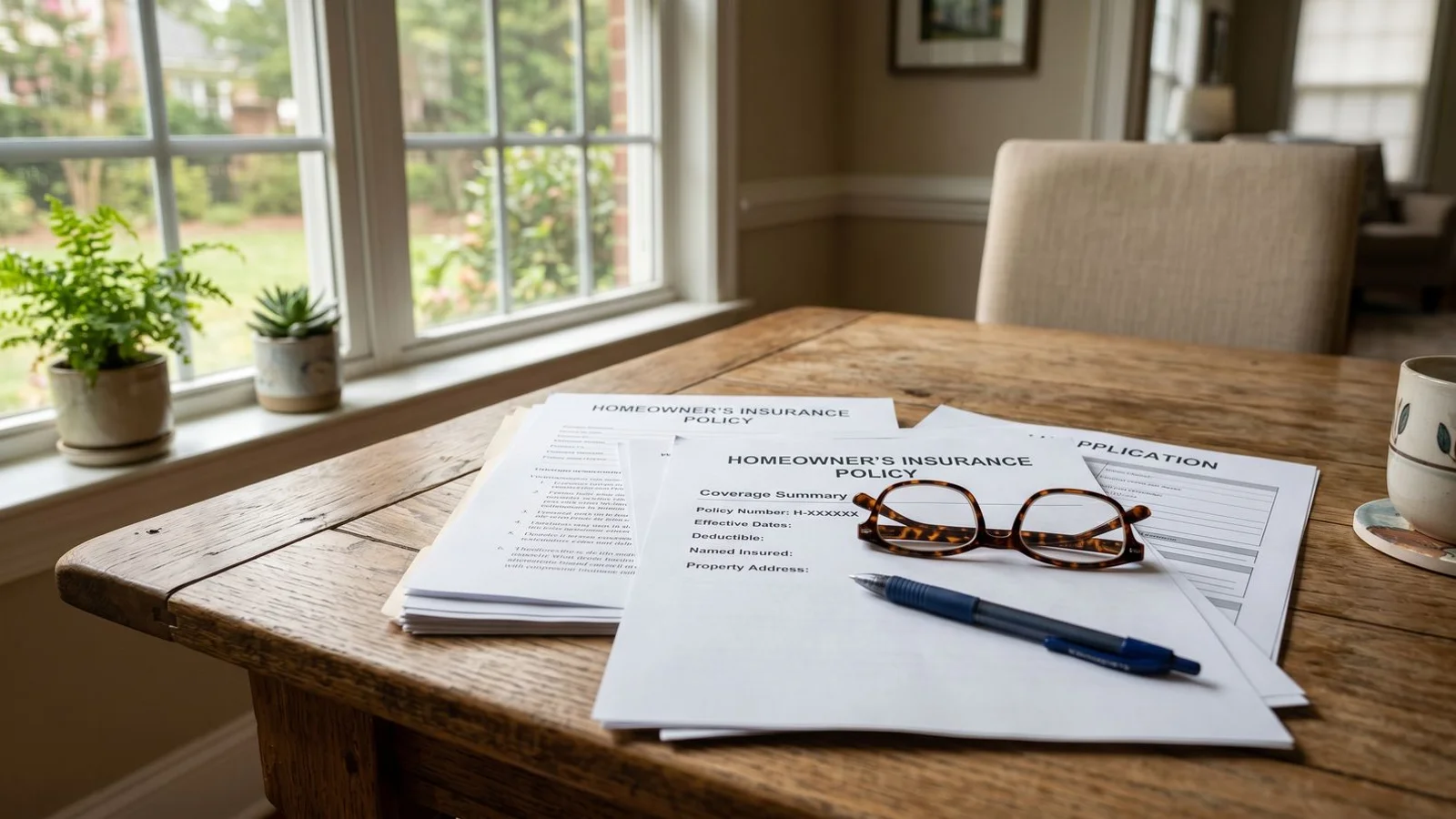 Insurance paperwork on a clean Carolinas dining table