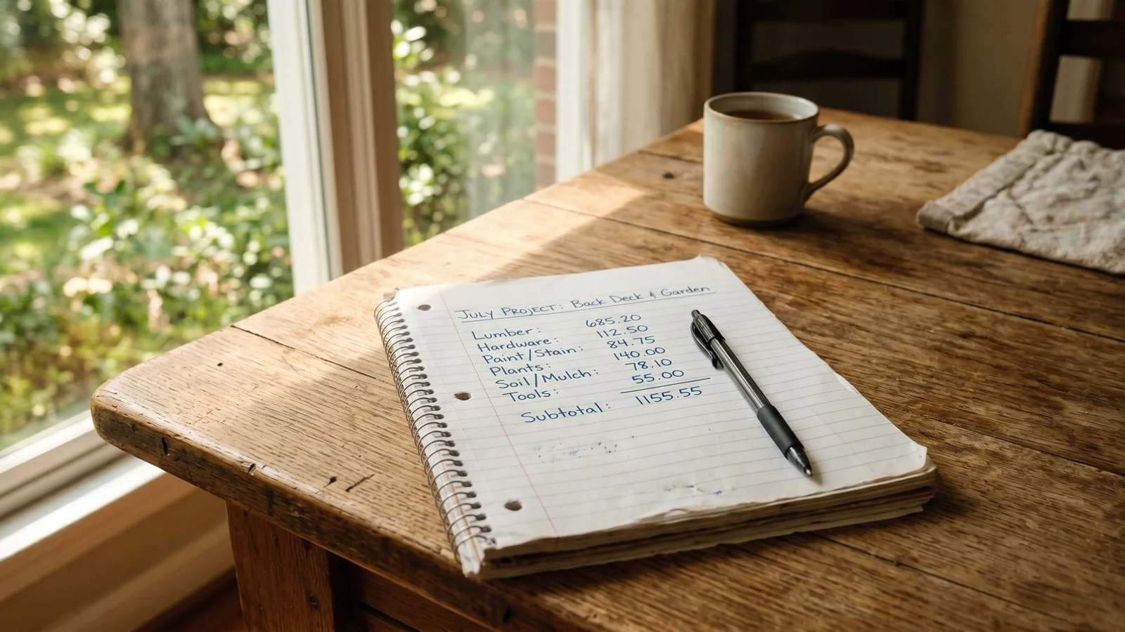 Notepad with cost breakdown on a sunlit Carolinas dining table