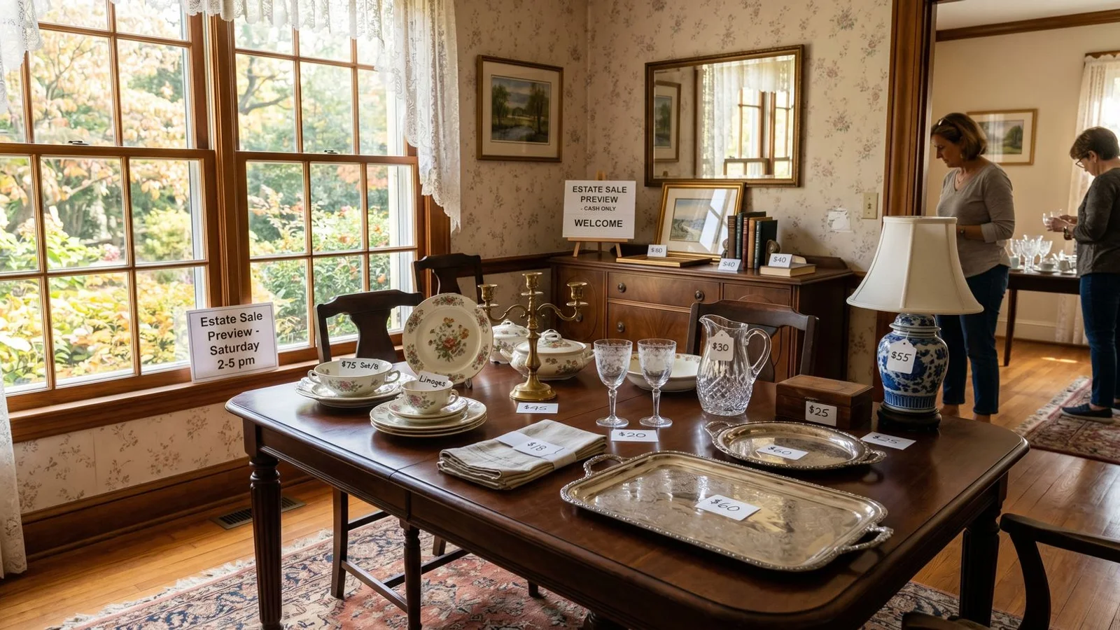 Organized Carolinas dining room set up for an estate sale