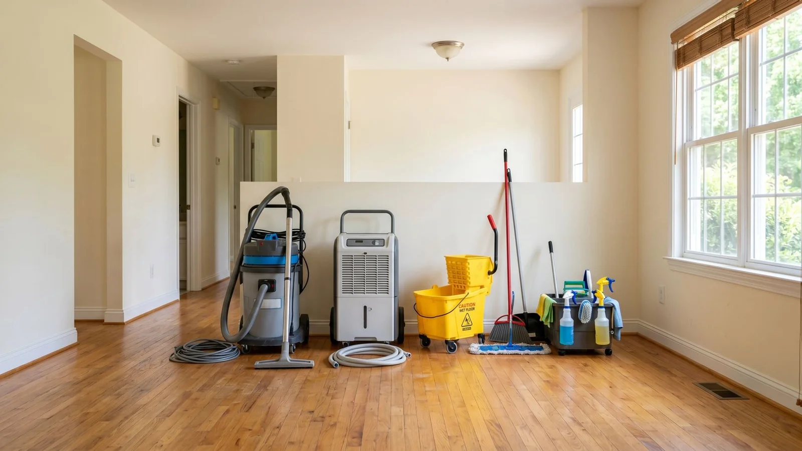 Professional cleaning equipment in a sunlit empty Carolinas home