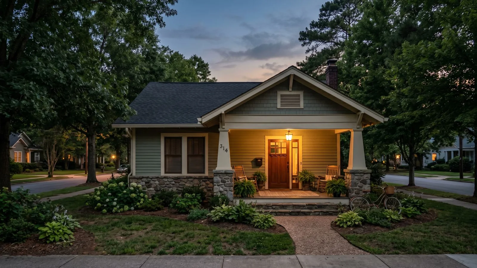 Quiet Carolinas home exterior at evening