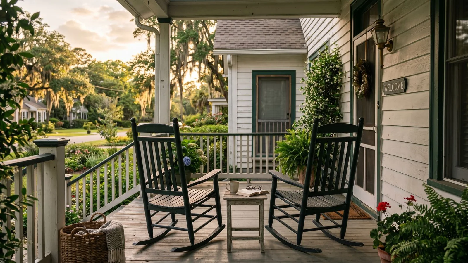 Quiet Carolinas porch at dusk with warm light