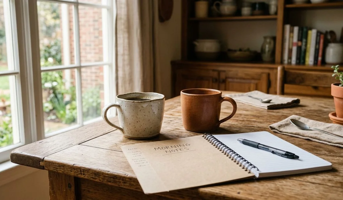 Quiet still life of two coffee mugs on a kitchen table