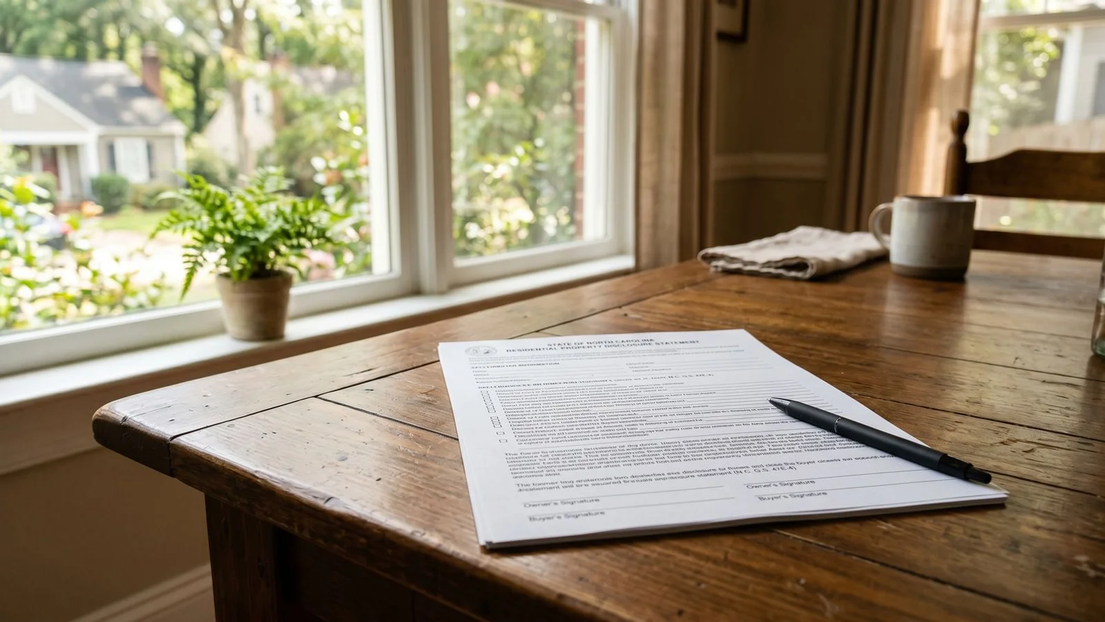 Real estate disclosure form on a sunlit Carolinas dining table