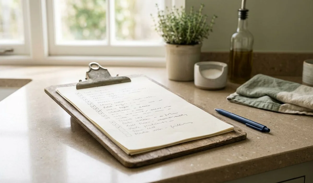 Clipboard with escalation checklist on a sunlit kitchen counter