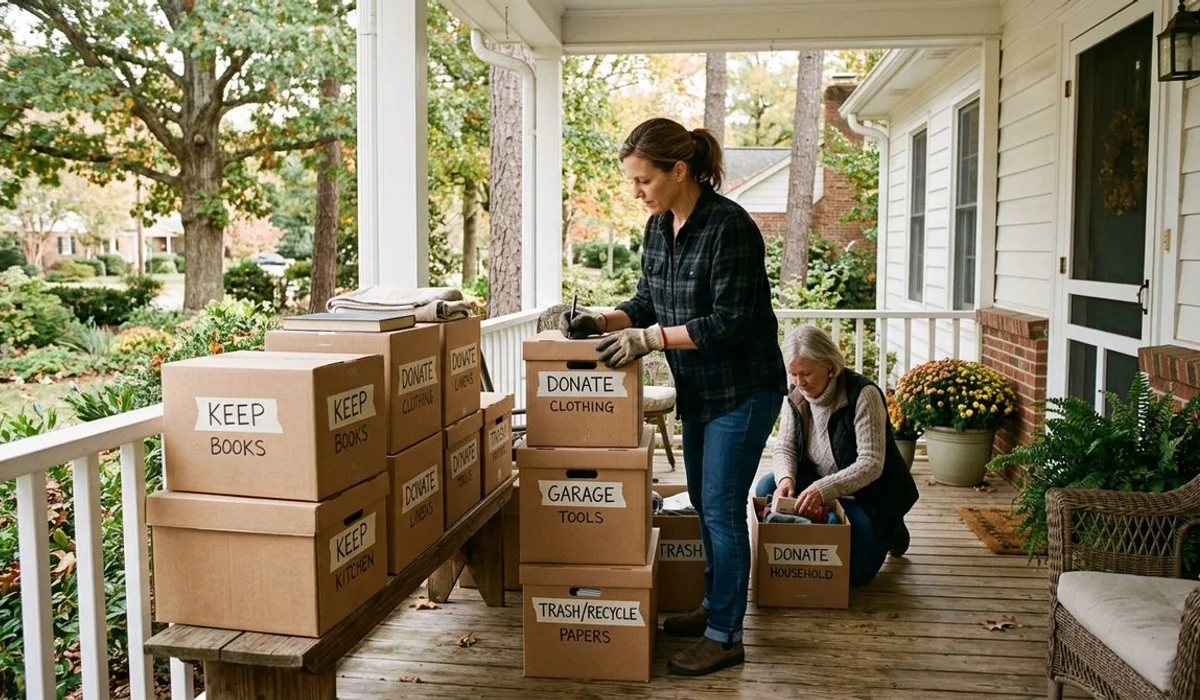 Labeled review pile on a Carolinas porch