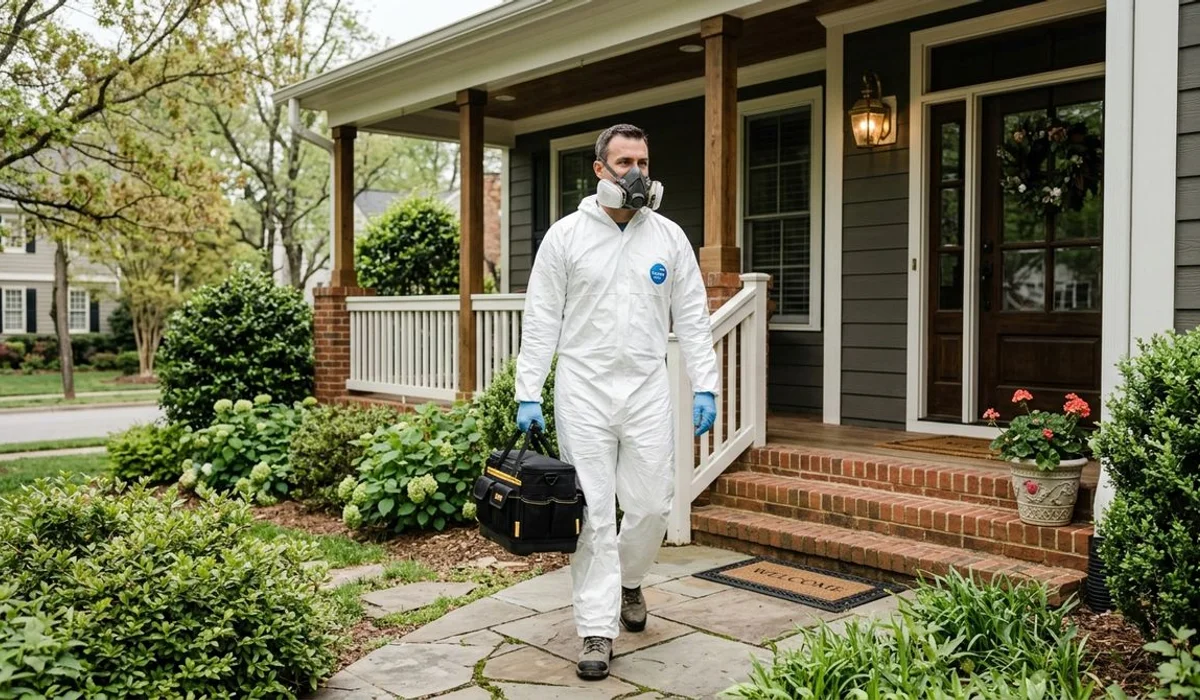 Professional in PPE arriving at a Carolinas home