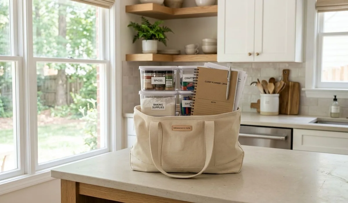 Organizer's tools in a clean tote bag