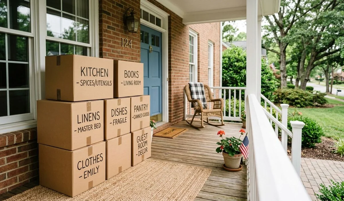 Moving boxes loaded carefully on a Carolinas porch