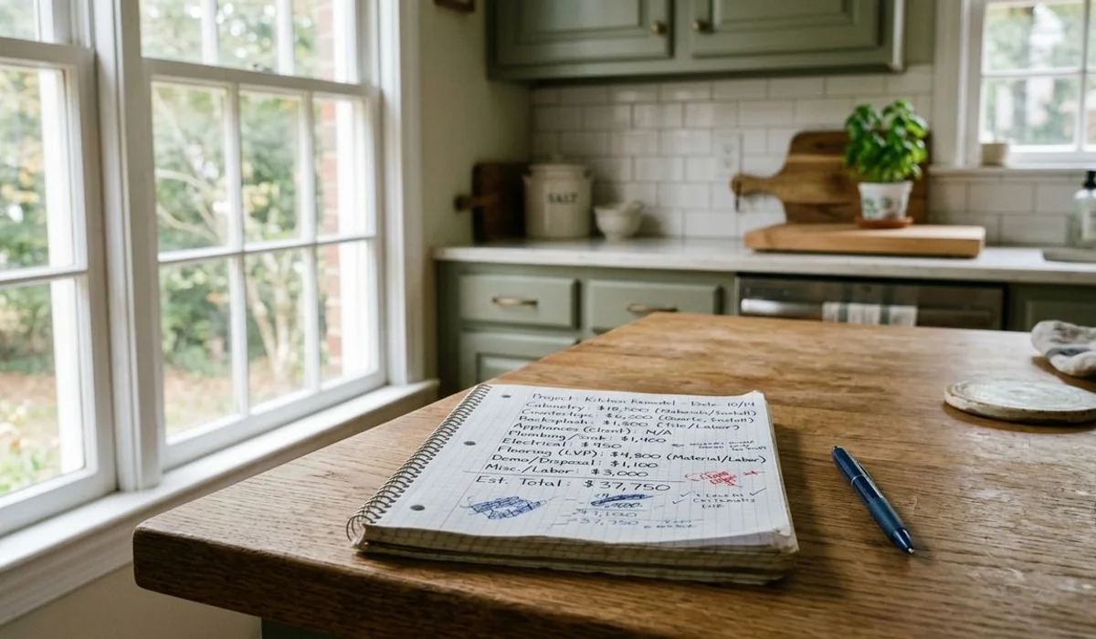 Contractor's notebook on a sunlit Carolinas kitchen counter