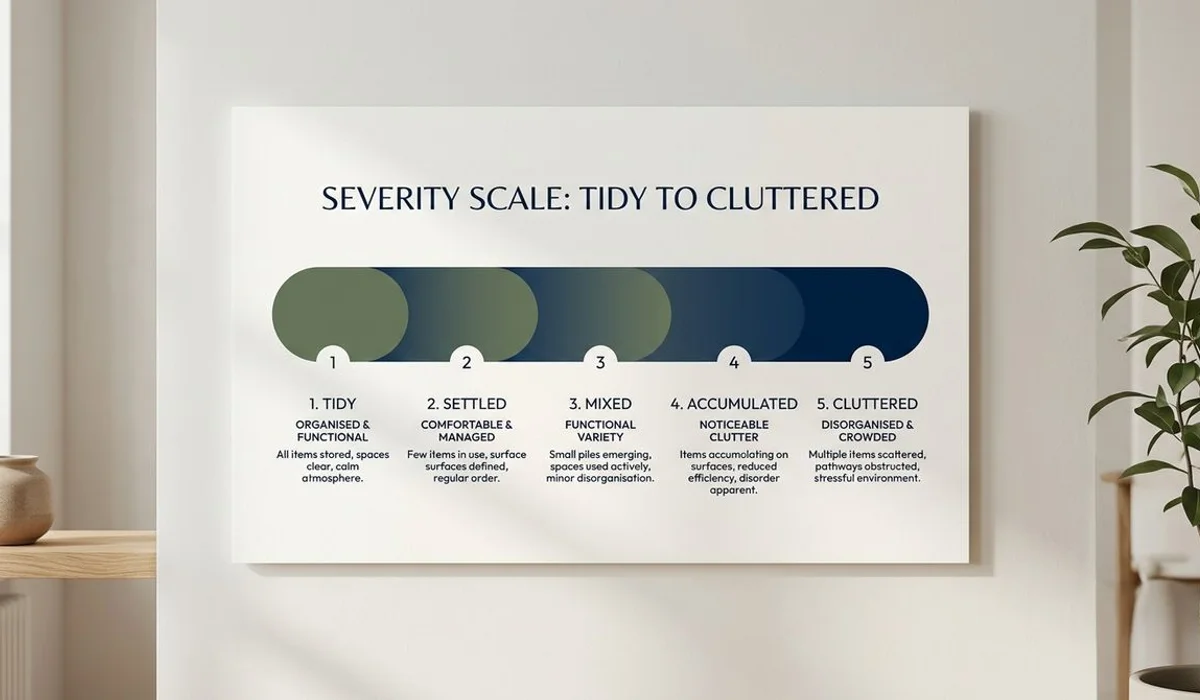 Soft infographic-style illustration of the 5-level Clutter Hoarding Scale