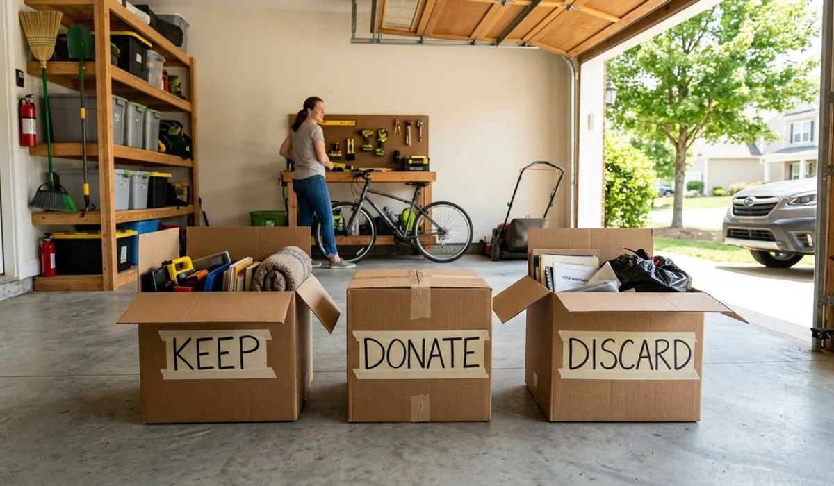 Sorted, labeled boxes (keep, donate, discard) on a tidy Carolinas garage floor